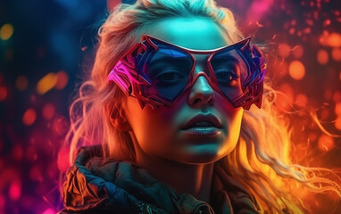 Future 3D vision, 3D game, multicolor, neon color, woman in 3D glasses in a fairytale colorful future. - 764563846