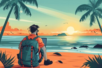 Remote Work Redefined: Young Male Freelancer Embraces the Tropical Lifestyle, Mixing Business with Pleasure as the Sunset Colors the Sky Over a Serene Beach - obrazy, fototapety, plakaty