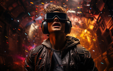 Future 3D vision, 3D game, multicolor, neon color, man in 3D glasses in a fairytale colorful future. - 764563890