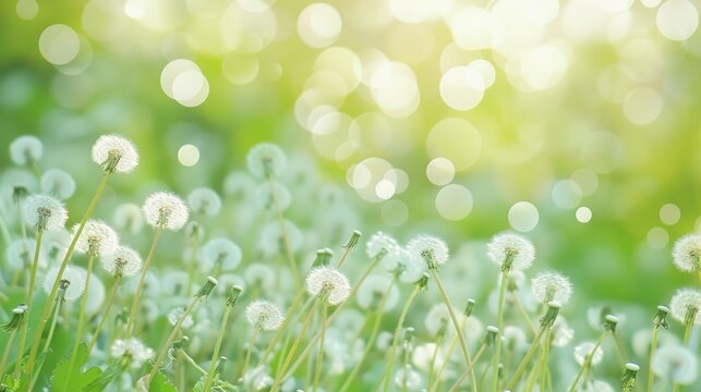 white fluffy dandelions against a natural, softly blurred green spring background