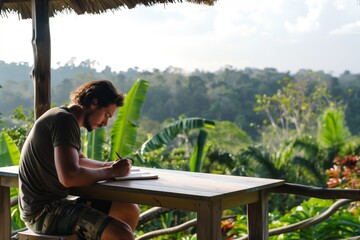 man writing in journal on veranda table with serene jungle view - obrazy, fototapety, plakaty