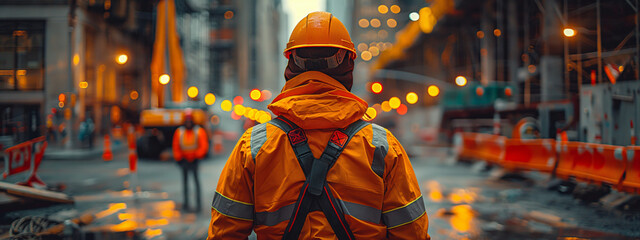 Naklejka premium Сonstruction site manager standing wearing safety vest and helmet at construction site. Builder or architect outdoors during work.