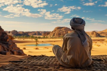 arabian man on a woven mat facing a distant desert oasis - obrazy, fototapety, plakaty