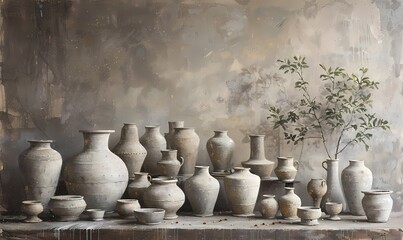 Fototapeta na wymiar a painting of a still life arrangement of aged ceramic vases and jugs , , accompanied by branch and leaf resting on a weathered wooden table, art work for wall art, home decor and wallpaper 