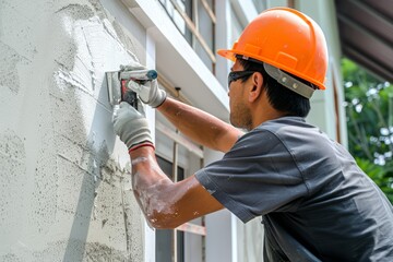 A contractor applying finishing touches and paintwork to a newly constructed building, enhancing its visual appeal and durability, Generative AI