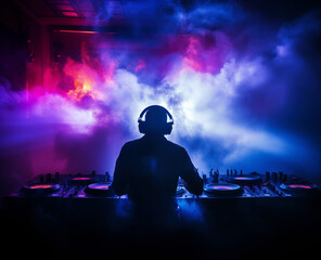 dj in concert in a flood of laser and strobe lights and in a light smoky haze, a magical club atmosphere full of colors, ethernal light.
