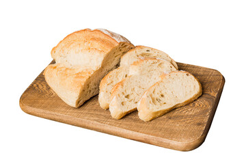 Assortment of freshly sliced baked bread with napkin isolated on white background. Healthy unleavened bread. French bread slice
