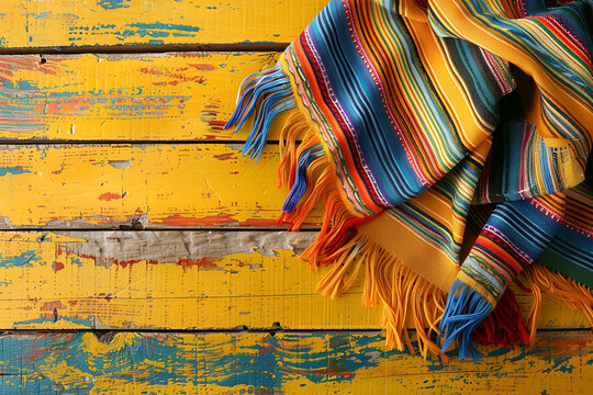 Mexican a serape blanket on bright yellow orange old  wooden background  for Cinco de Mayo holiday party celebration , top view, copy space. Fifth of May celebration concept.