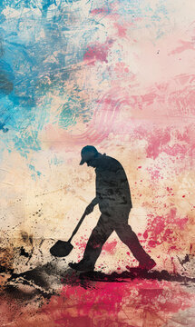 Silhouette of a man against a textured background of expressive pink and blue paint splashes.