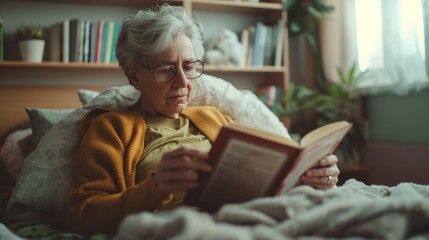 Serene Leisure, Elderly Woman Finds Tranquility at Home, Engrossed in Reading a Book