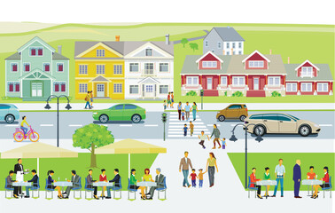 Obraz na płótnie Canvas Stadtsilhouette mit Menschengruppen in der Freizeit im Wohnviertel, Illustration
