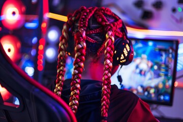 gamer with red and gold braids in front of a computer screen - obrazy, fototapety, plakaty
