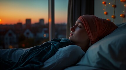 Gentle Morning Rest: Young Woman Battling Cancer Finds Solace in Sleep by the Window at Home