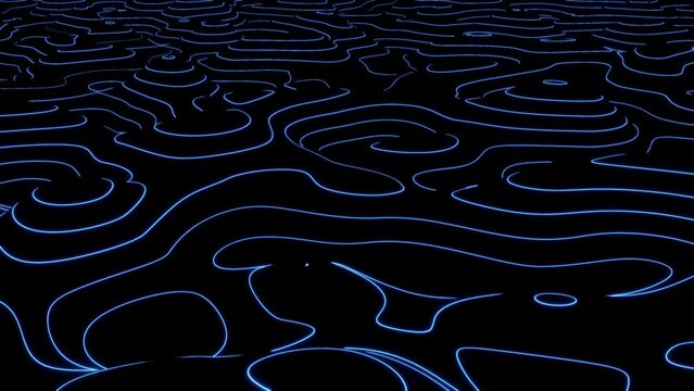 Topographic map concept neon curve lines landscape A black background with blue glowing lines forming an intricate maze pattern able loop endless 4k