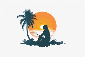 Obraz na płótnie Canvas Simplicity and Serenity: Woman's Minimalistic Design for Remote Work - Sunset, Palm Trees, and Connectivity in Peaceful Tropical Settings