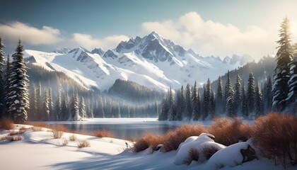 winter landscape with snow covered mountains - obrazy, fototapety, plakaty