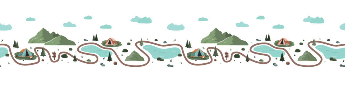 Vector seamless pattern with camping landscape, tents and trails. Design for textiles, banners, wallpapers. Isolated on white background