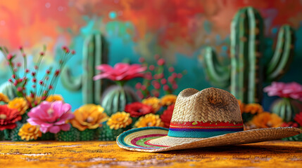  Fantasy fiesta cinco de mayo colorful, cactus and sombrero hat, yellow green red background. copy space.