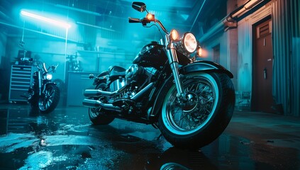 Two motorcycles with their tires and wheels are parked in a garage at night, their automotive...