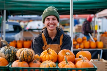 smiling vendor selling pumpkins at a local farmers market - obrazy, fototapety, plakaty