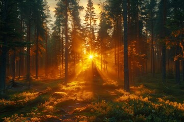 The suns rays are filtering through the dense foliage of trees in the forest, creating a beautiful natural landscape for people to enjoy in the great outdoors