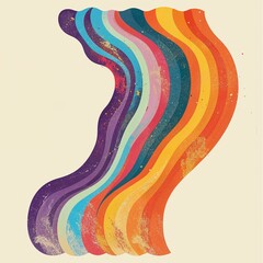 Retro poster depiction of rainbow flow on a shaped canvas, mid-century illustration style, symmetrical balance, subdued colors reminiscent of the 1970s, flat backgrounds. - obrazy, fototapety, plakaty