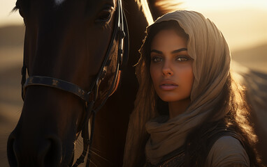 Fototapeta na wymiar arabian woman and horse in sun light and desert in background.