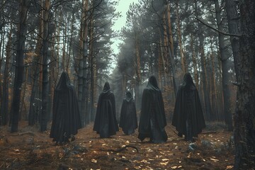 Witches in black cloaks perform a ritual in a dark forest creating a spooky Halloween atmosphere. Concept Halloween, Witches, Ritual, Dark Forest, Spooky Atmosphere - obrazy, fototapety, plakaty