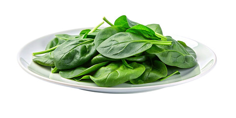Fresh spinach on white plate isolated on Transparent background.