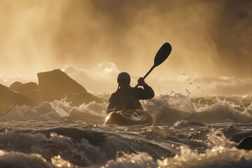 a kayakers silhouette against the sunrise on foggy river rapids - obrazy, fototapety, plakaty