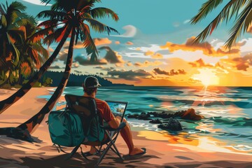 Remote Work Paradise: Man in Red Shirt Boosts Productivity with Laptop on a Tropical Beach, Azure Water, Golden Sand & Serene Sunset. Freelancer's Work-Life Balance & Creativity in Exotic Locations. - obrazy, fototapety, plakaty