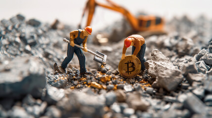 A small figurine depicts workers collaborating to carry massive bitcoins - obrazy, fototapety, plakaty