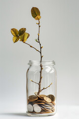 A tiny plant sprouts from coins in a glass jar