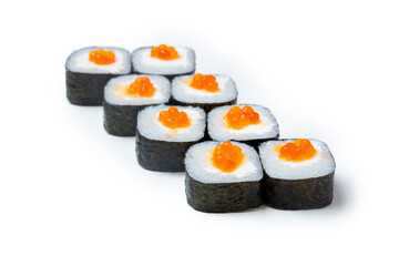 Sushi, roll shaki with red caviar. Japanese food. Isolated on white.