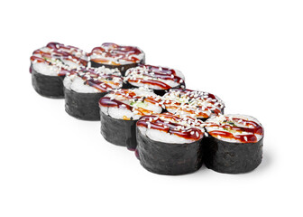 Sushi, unagi maki roll with eel and teriyaki sauce. Japanese food. Isolated on white.
