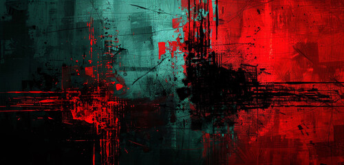 Bold abstract art with splashes of red and black, creating a dynamic and distressed urban texture.