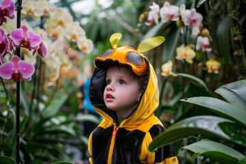kid wearing a bee costume among orchids on a school trip