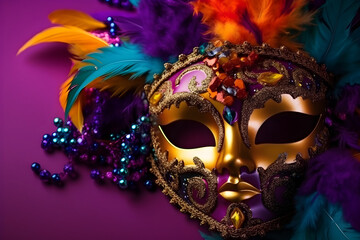  Mardi gras mask, vibrant and rich colors, top angle, right copyspace, purple background