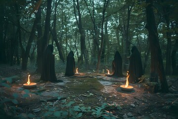 Witches in Black Cloaks Conjure Spooky Halloween Atmosphere with Dark Forest Ritual. Concept Halloween Photoshoot, Witches' Ritual, Spooky Atmosphere, Dark Forest, Black Cloaks - obrazy, fototapety, plakaty