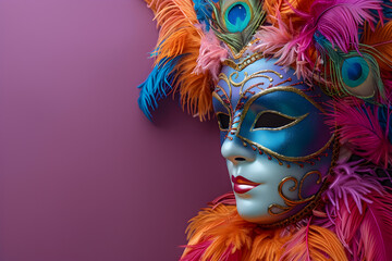  Mardi gras mask, vibrant and rich colors, top angle, right copyspace, purple background - obrazy, fototapety, plakaty