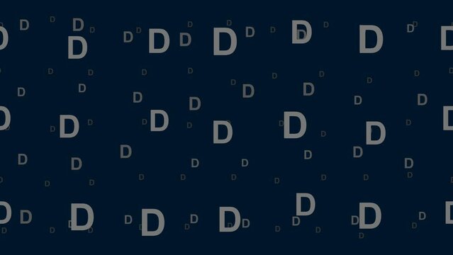 Capital letter D symbols float horizontally from left to right. Parallax fly effect. Floating symbols are located randomly. Seamless looped 4k animation on dark blue background