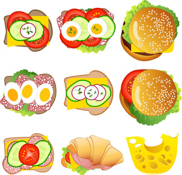 Set of simple vector isolated objects, snacks on a white background: sandwiches, burgers, croissant, cheese.