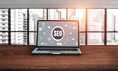 SEO search engine optimization for modish e-commerce and online retail business showing on computer...