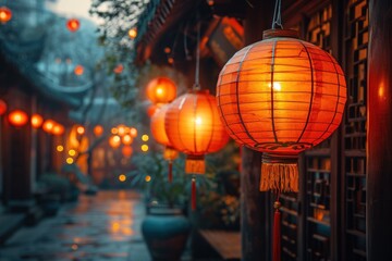 Chinese orange lantern in a old street