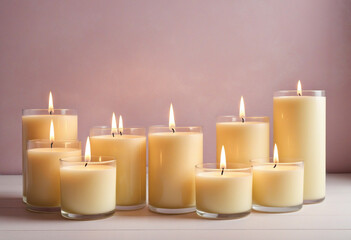 Fototapeta na wymiar Collection of aroma candles, warm aesthetic composition colorful background