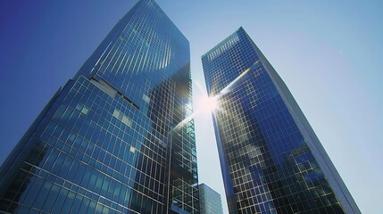 Generative AI : Skyscraper glass facades on a bright sunny day with sunbeams in the blue sky.