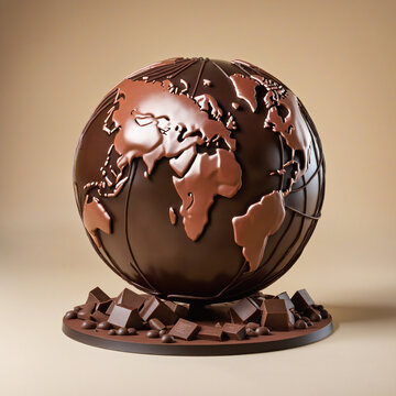 Planet earth made of chocolate on a chocolate base on an out-of-focus background colorful background