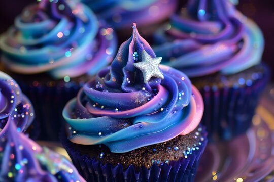 .Galaxy themed cupcakes with swirling cosmic colors in the icing, topped with glittery edible stars, showcasing the fascination with space and fantasy
