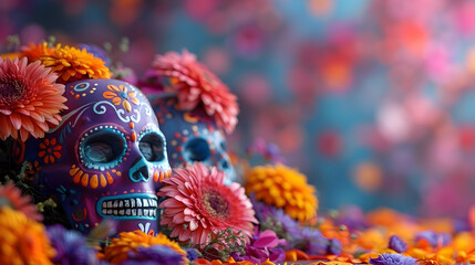  Mask day of the dead, sugar skulls, colorful, flowers, top angle, right copy space.