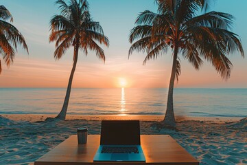 Collaborative Tropical Workation: Couple Balances Productivity and Leisure with Laptops on Sunny Beach, Sharing a Creative Professional Life in Exotic Seaside Tranquility.